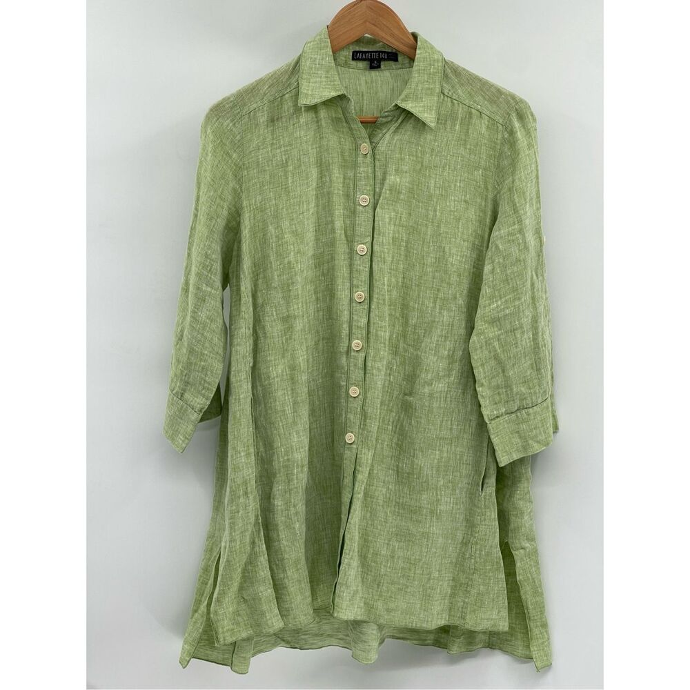 Lafayette 148 Linen Tunic Top Shirt Button Down Women 6 Green Collar Oversized - Picture 1 of 12